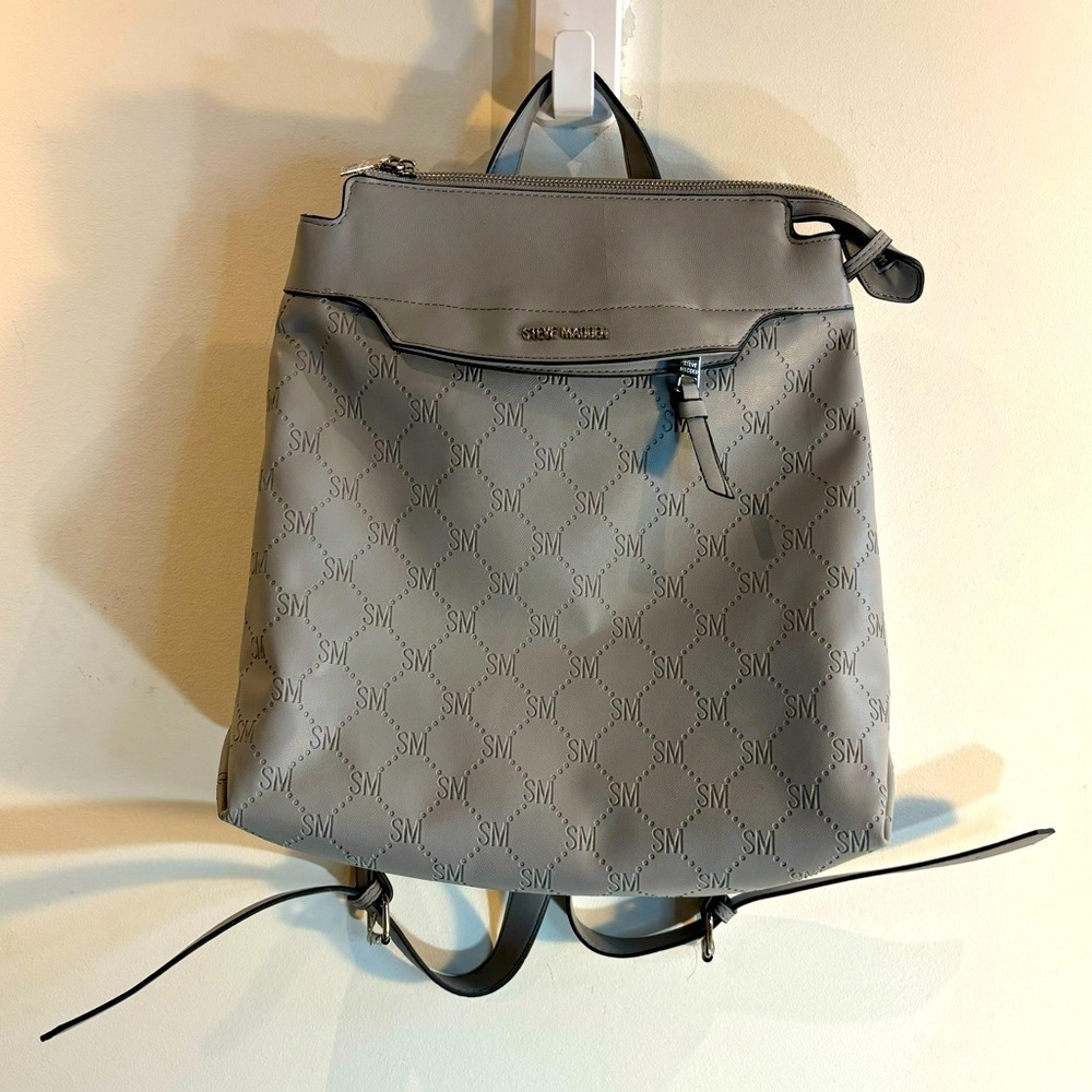 STEVE MADDEN Monogrammed SM vegan Leather Backpack Top Handle Bag Lined Grey